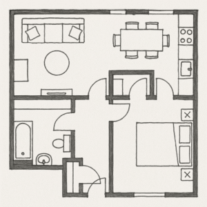 Floor plan showing furniture placement in Dubai apartment