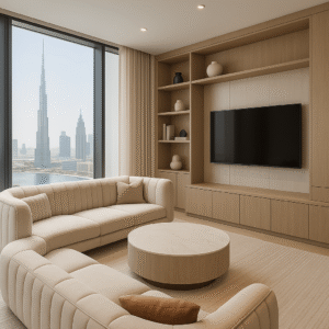 Custom furniture in a Dubai villa featuring luxury sofa and wooden panels