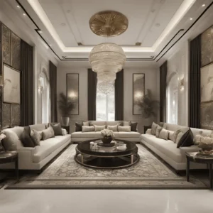 Smart majlis interior in UAE with gold chandeliers and tech features