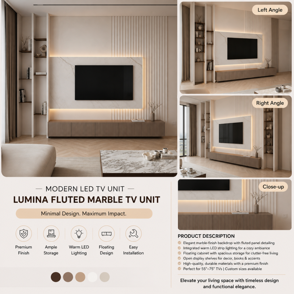 Lumina Fluted Marble LED TV Unit – Minimal Luxury Wall Design