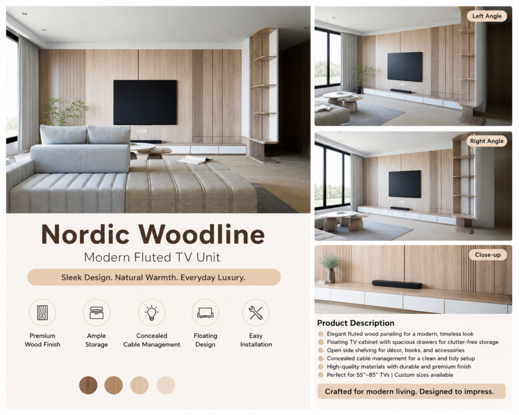 Nordic Woodline Modern Fluted TV Unit – Minimal Wooden Media Wall