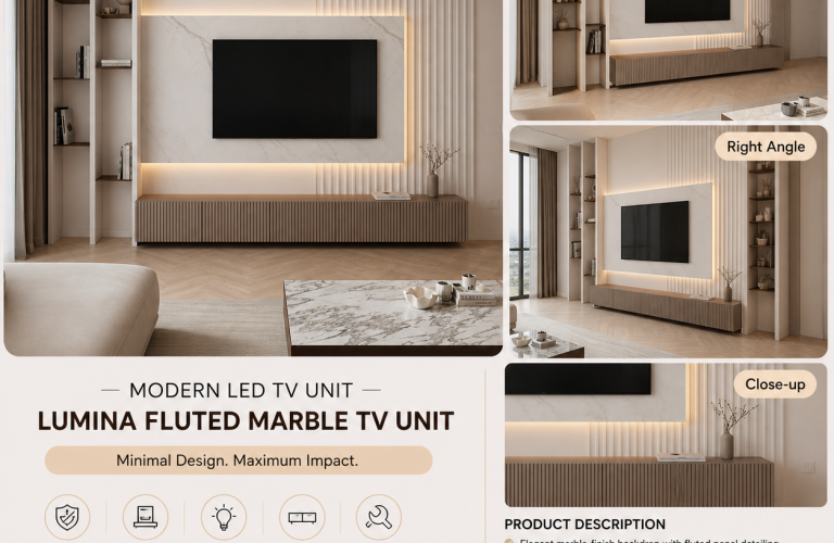 Lumina Fluted Marble LED TV Unit – Minimal Luxury Wall Design