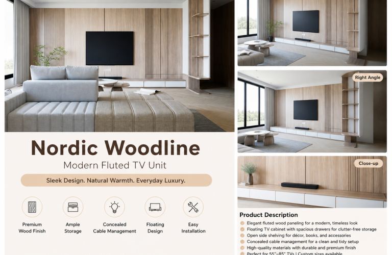 Nordic Woodline Modern Fluted TV Unit – Minimal Wooden Media Wall